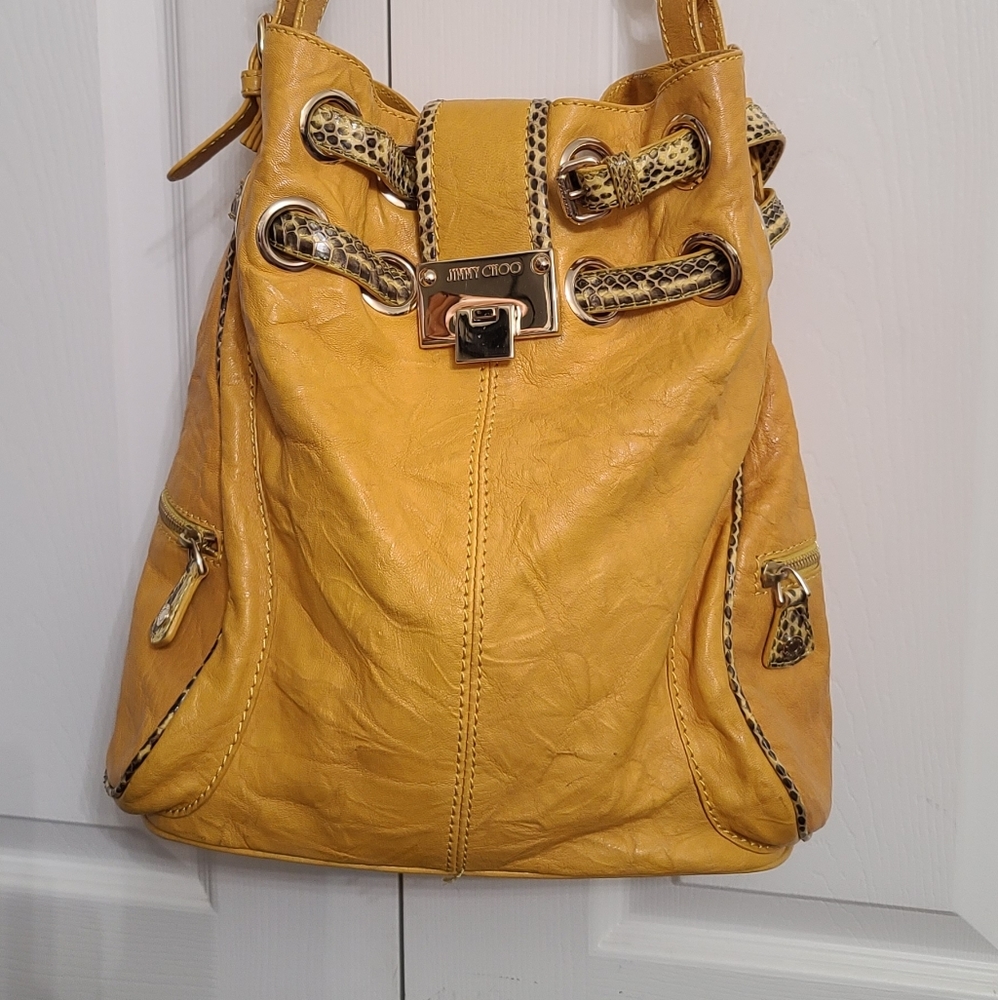 Jimmy Choo YellowBiker Leather and Snakeskin Trim